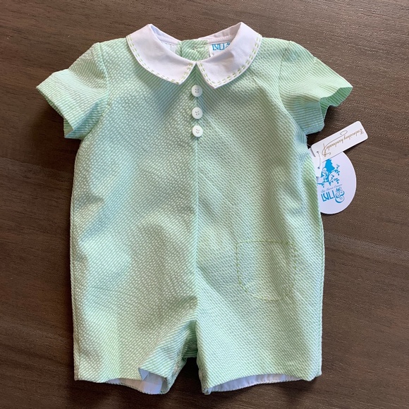 New Luli & Me Green Seersucker Striped Boys Romper